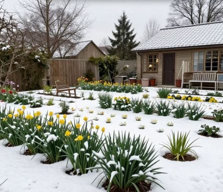 Garten mit Schneedecke, bunten Blumen und einem gemütlichen Holzhaus im Hintergrund.